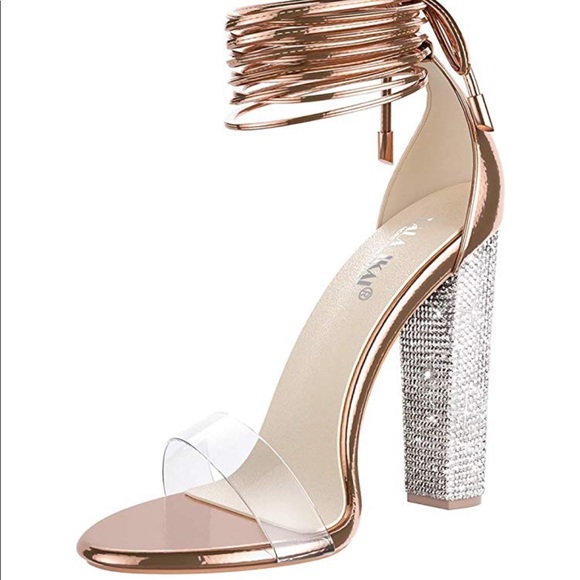 ✨ Rose Gold Rhinestone Lace up Strap Block Heel - Picture 3 of 7